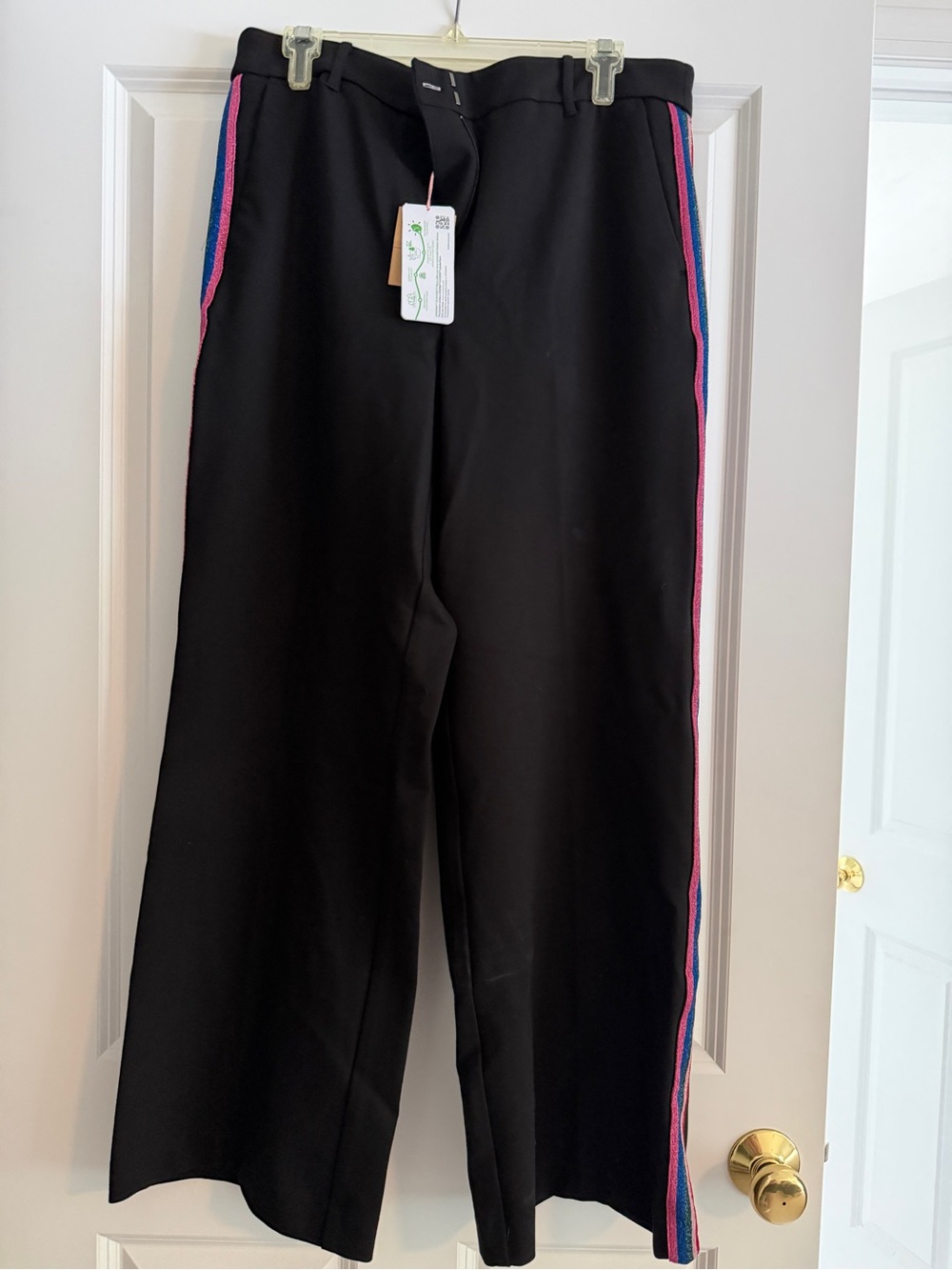 Boden Black Wide-Leg Pants with Pink & Blue Side Stripe